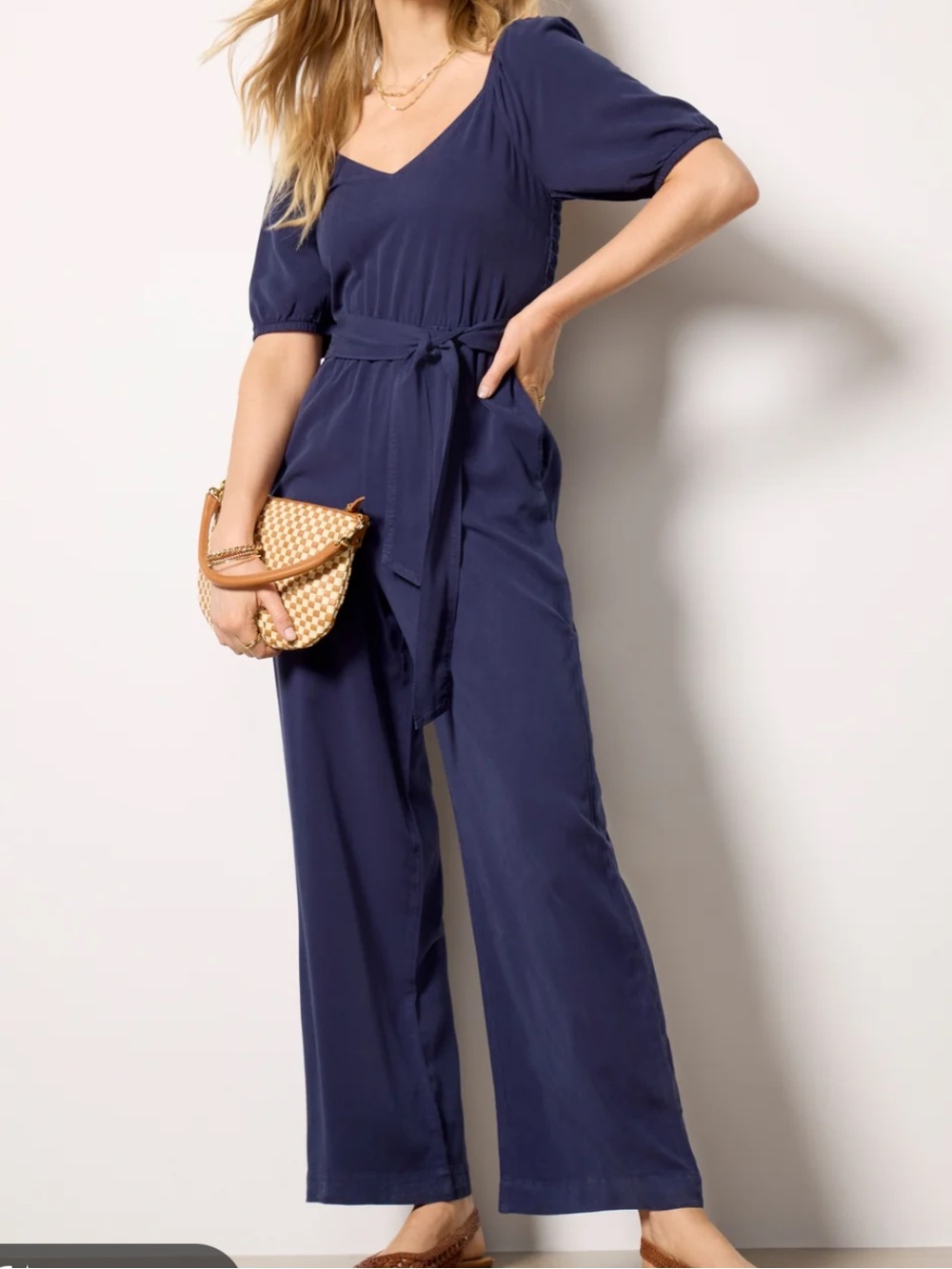 Cloth & Stone women’s Navy wide leg jumpsuit with Puff Sleeves and Tie Waist